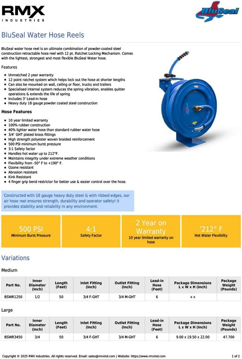 BLUSEAL BSWR5850 Retractable Hose Reel with 5/8" x 50' Hot Water Rubber Hose, 6' Lead-in, 500 PSI, Brass Fittings, Swivel Mount Hose Reel