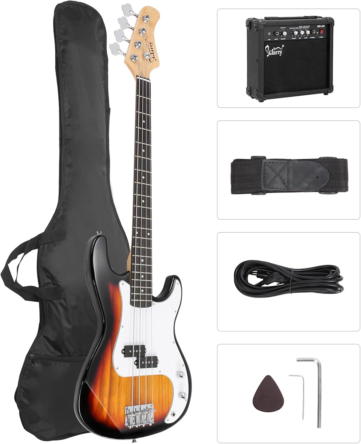 GLARRY Full Size Electric Bass Guitar Beginner Kit 4 String Exquisite Basswood Bass with 20W AMP, Cable, Strap, Bag and Accessories (Transparent Blue, 39"Right Handed)