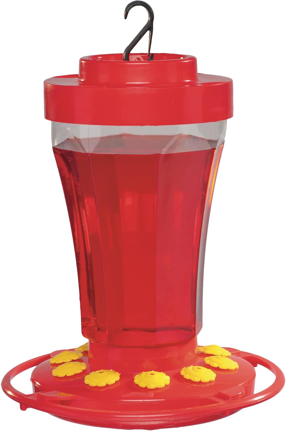 First Nature 993091-546 16 oz. Hummingbird Flower Feeder , Red | Bright Flower Ports Attract Birds - Round Bottom Perch Fits Multiple Birds - See-Through Tank Shows Nectar Levels