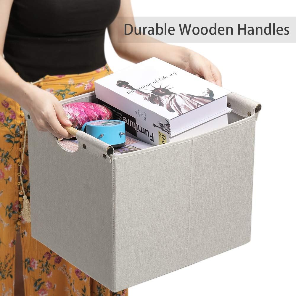 HOONEX Large Collapsible Storage Bins, Linen Fabric, 2 Pack, Storage Baskets with Wooden Carry Handles and Sturdy Heavy Cardboard, for Home, Office