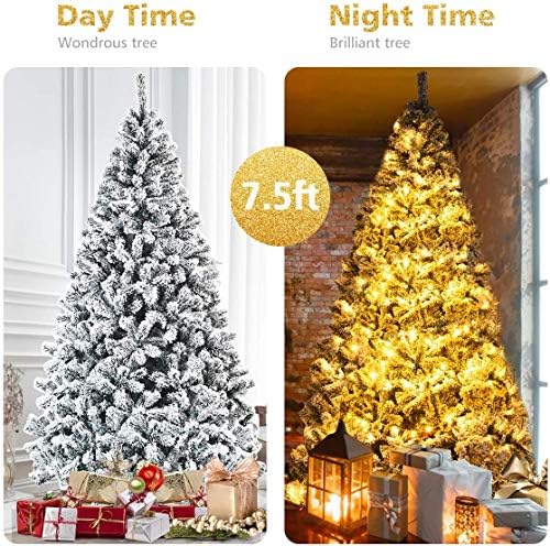 ReunionG 7.5FT Snow Christmas Tree, Artificial Flocked Hinged Pine Tree, Holiday Decoration Tree with Premium PVC Needles and Solid Metal Stand