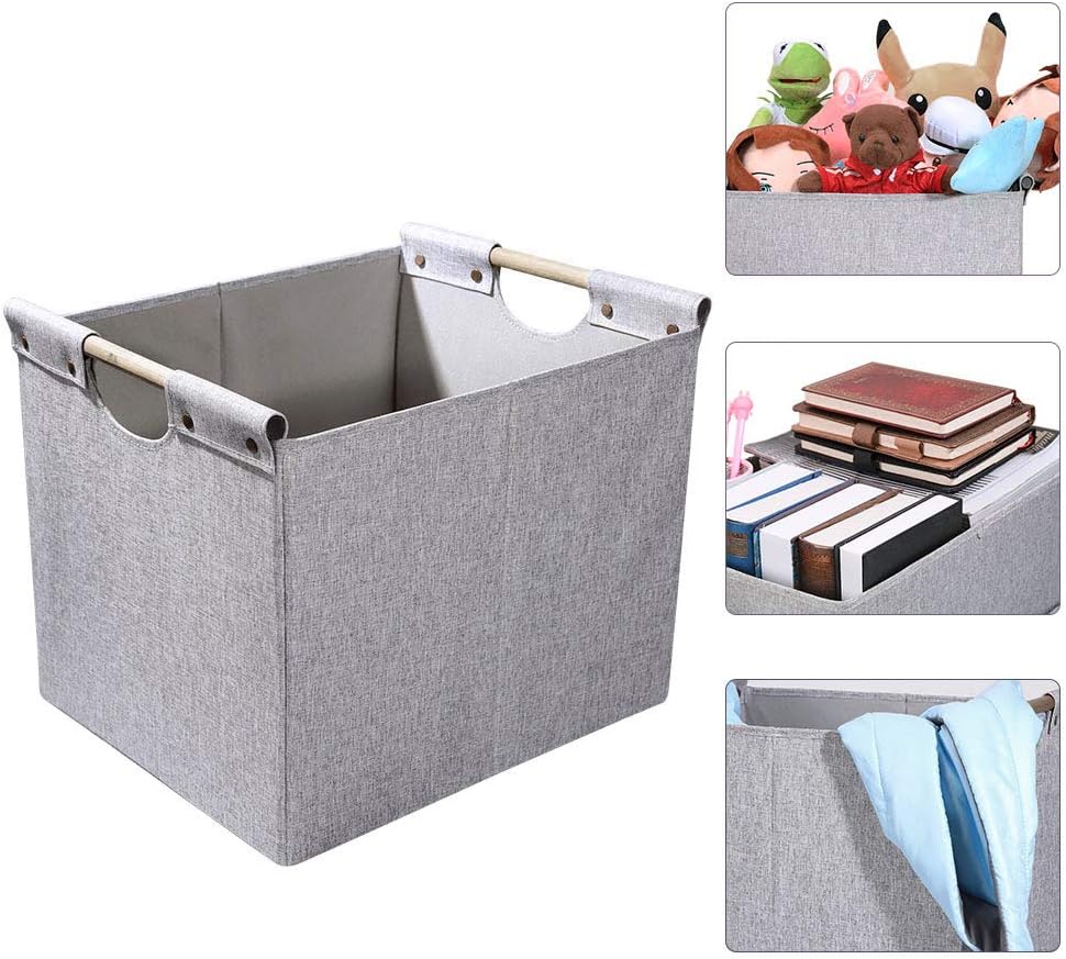 HOONEX Large Collapsible Storage Bins, Linen Fabric, 2 Pack, Storage Baskets with Wooden Carry Handles and Sturdy Heavy Cardboard, for Home, Office