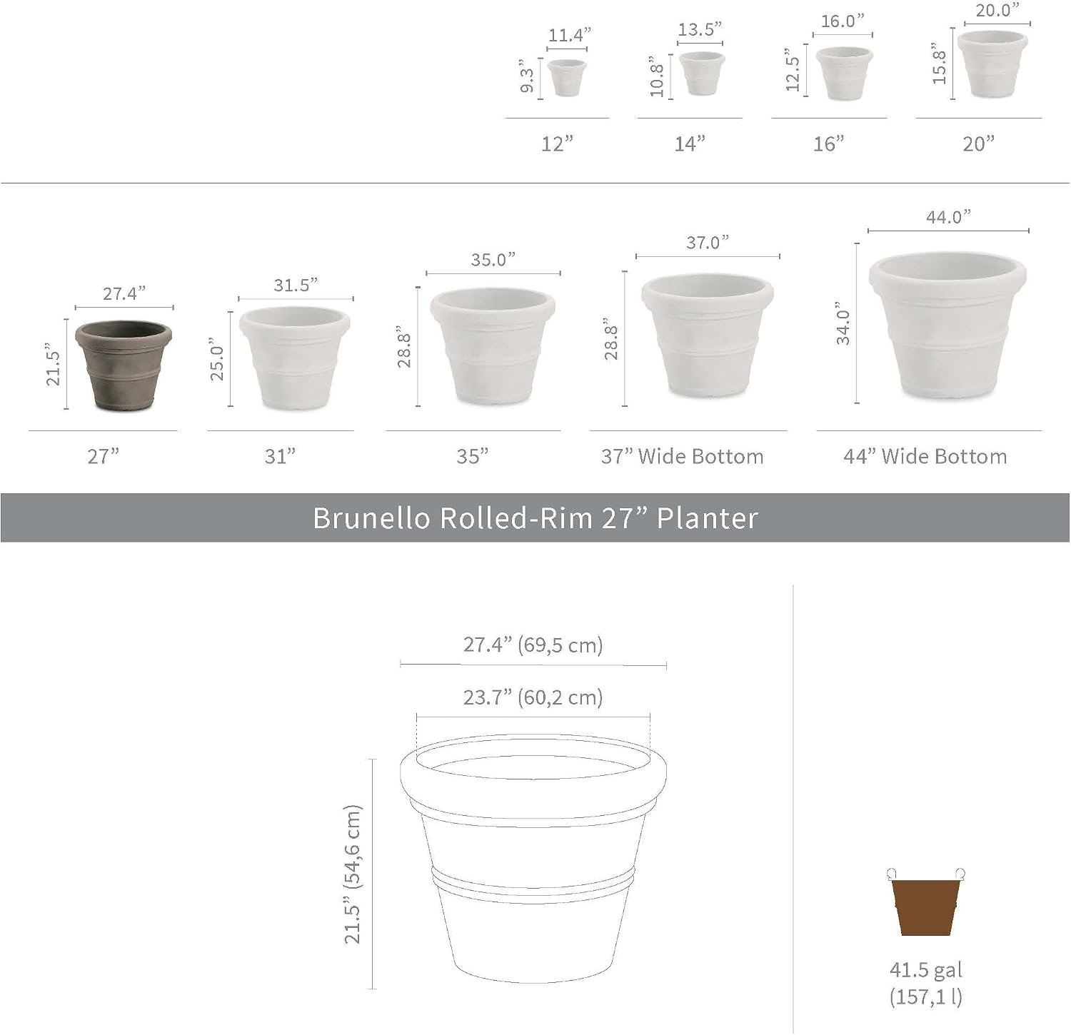 Crescent Garden Brunello Classic Gray Rolled Rim Planter Pot, Lightweight Indoor/Outdoor Weather-Safe Round Plant Pot, 27''W (Weathered Concrete)