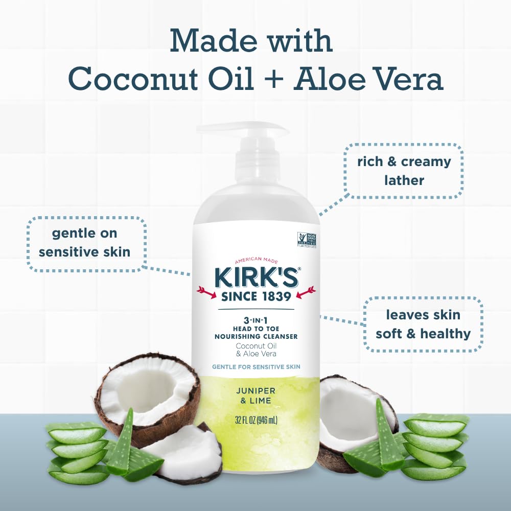 Kirk's Juniper & Lime​ 3-in-1 Nourishing Cleanser, Shampoo Body Wash Bubble Bath, Coconut Oil and Aloe Vera, Vegan Non-GMO, 32 Fl Oz
