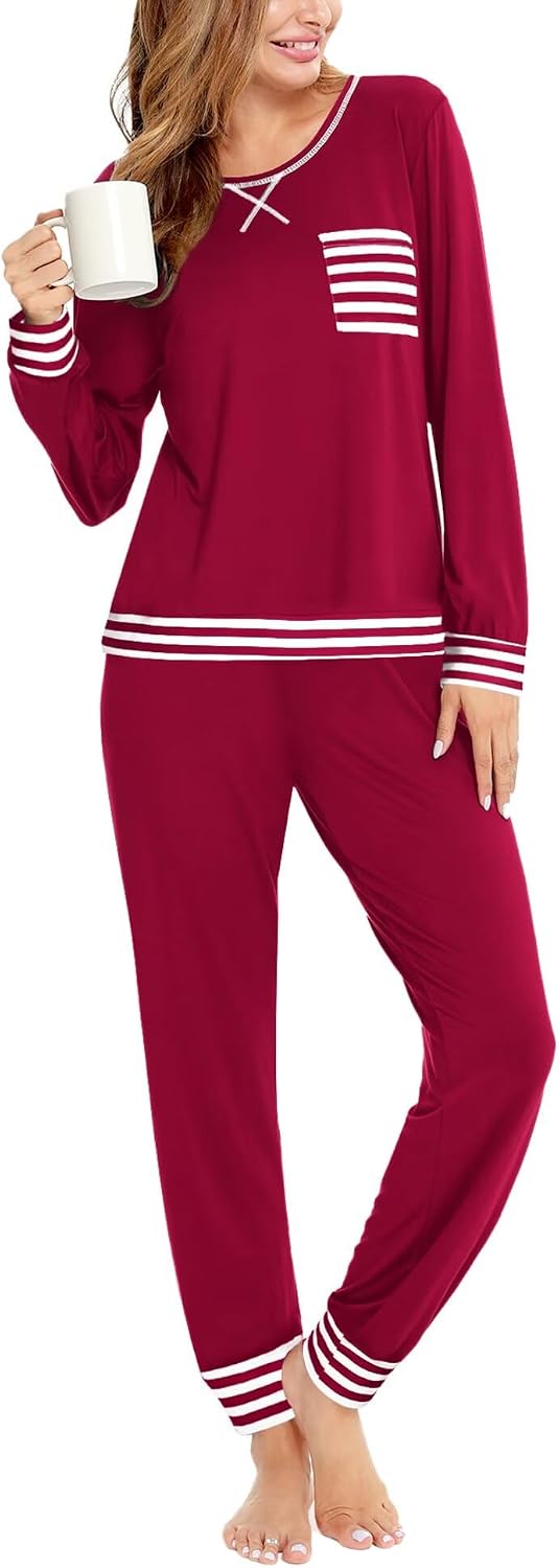 SWOMOG Women’s Pajamas Set Long Sleeve Sleepwear with Long Pants Soft Modal Loungewear Pj Set