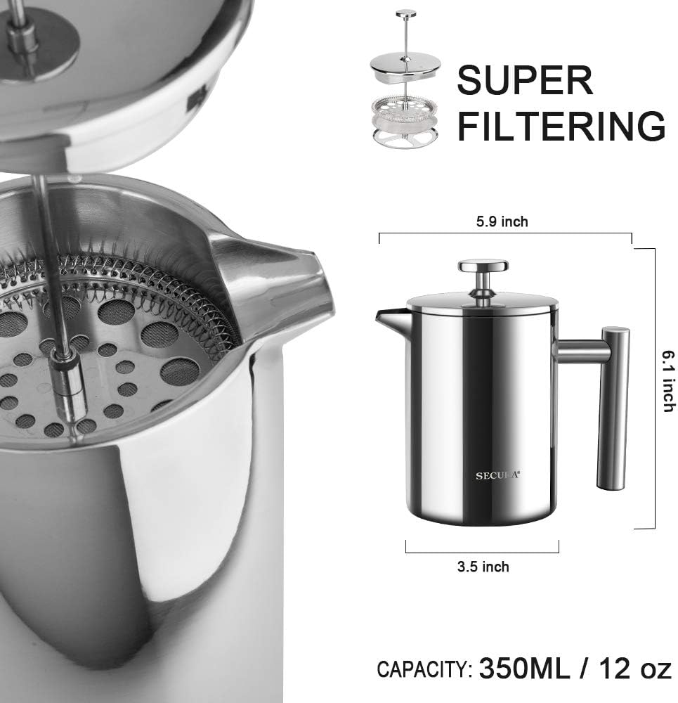 Secura French Press Coffee Maker, 304 Grade Stainless Steel Insulated Coffee Press with 2 Extra Screens, 34oz (1 Litre), Silver