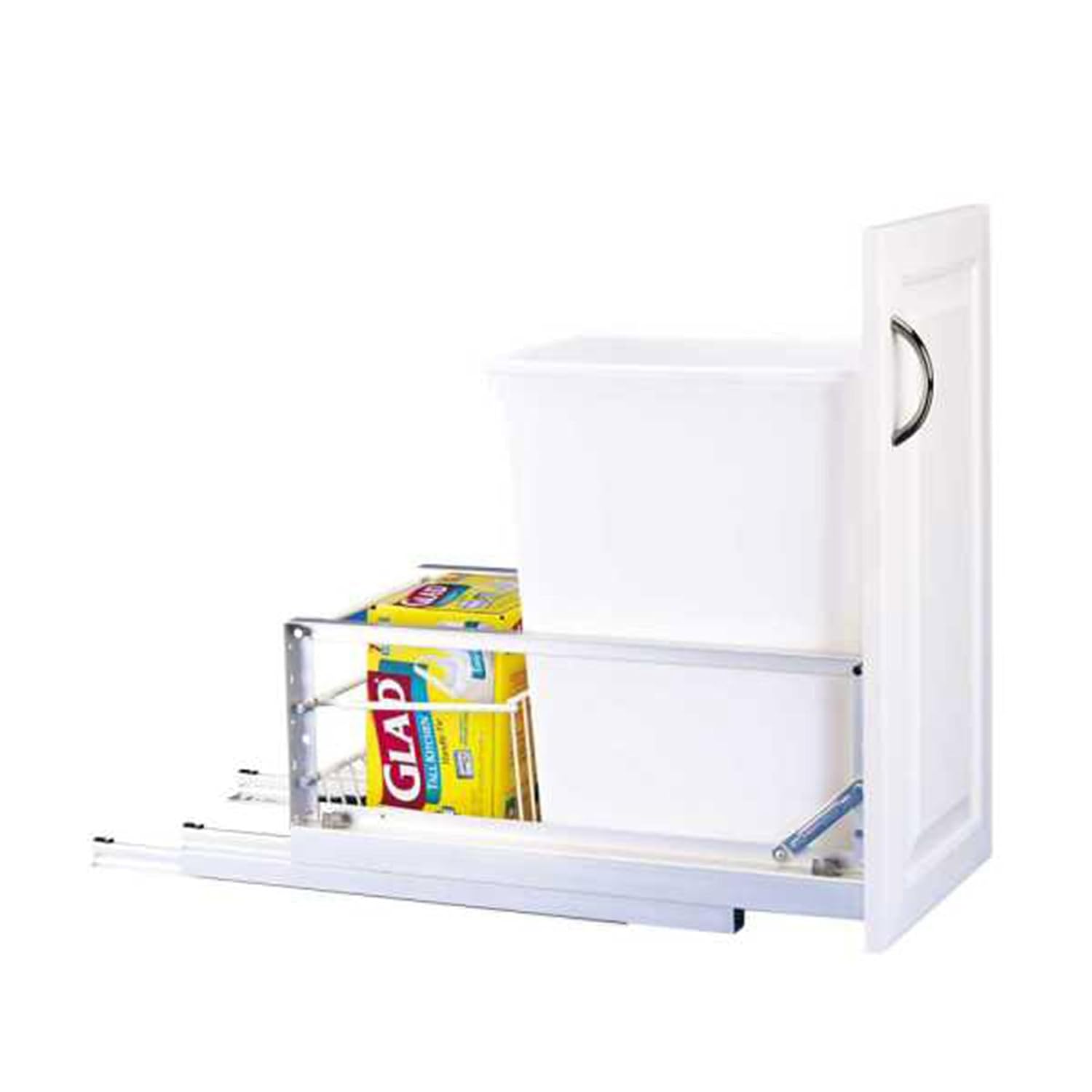 Rev-A-Shelf 35 Qt Aluminum Bottom Mount Double Pullout Waste Container w/Soft-Close for Base Kitchen Cabinets, Min. 15" Opening Width, Silver & White, 5349-15DM18-2