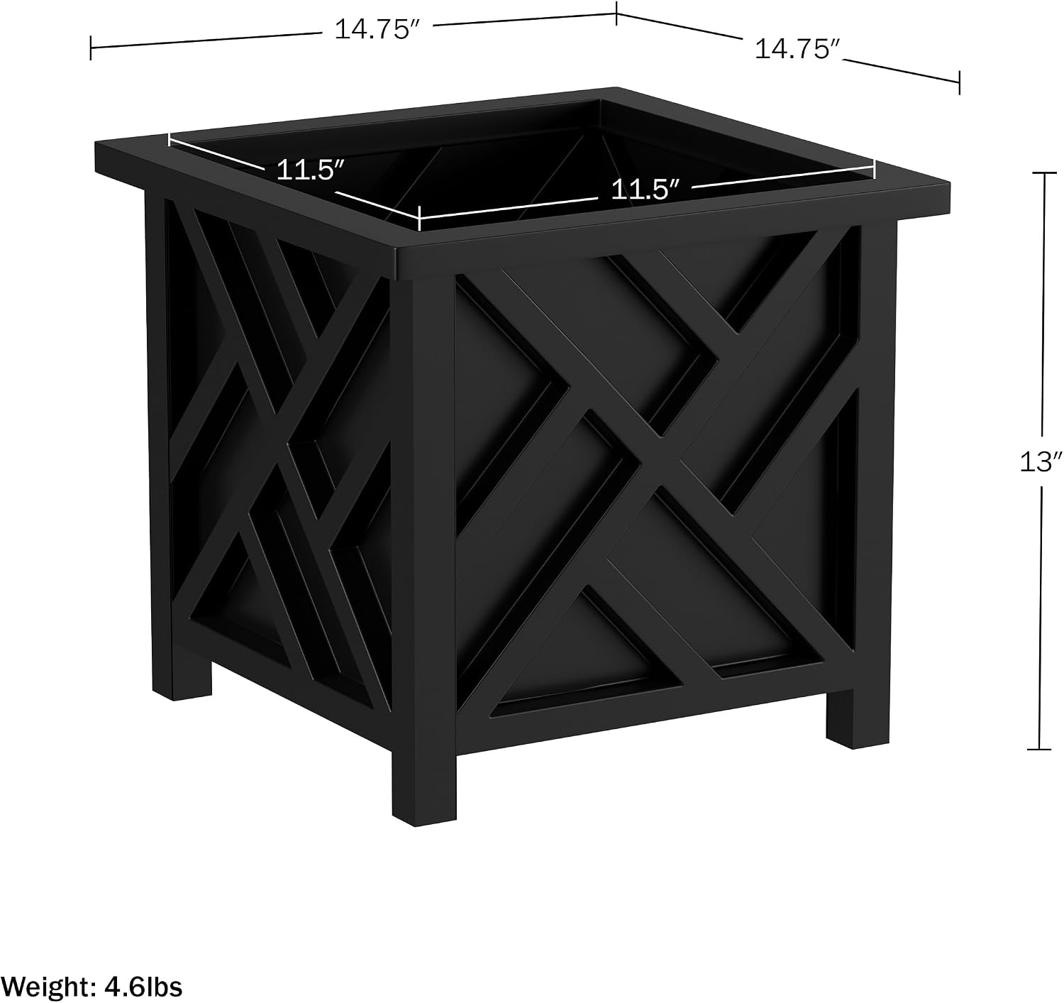 Lattice Design Outdoor Planter Box - 14.75” Square 13” Tall Black Plant Pot - Decorative Plant Pots for Front Porch Decor - Flower Pots Outdoor
