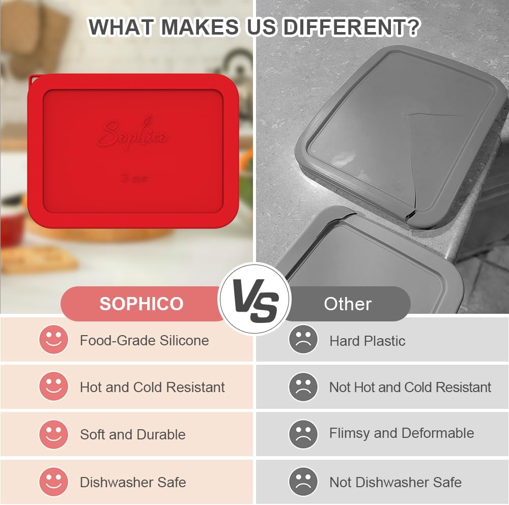 SOPHICO 3 Cup Rectangle Silicone Replacement Lids for Pyrex 7210-PC Glass