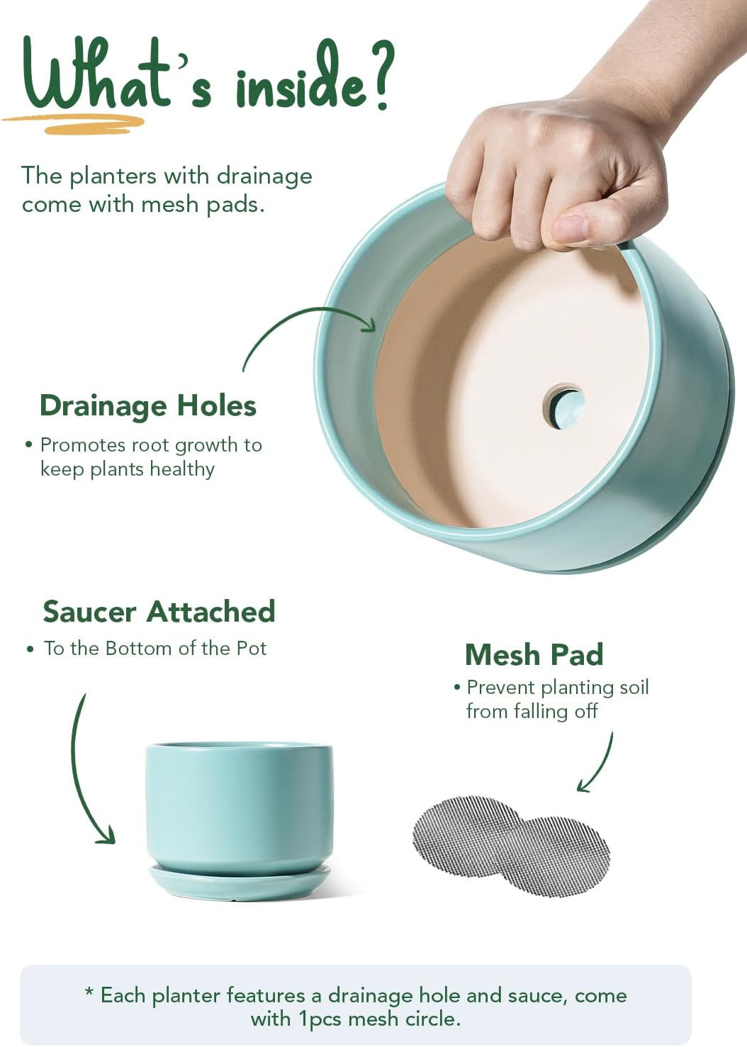 LE TAUCI Ceramic Plant Pots, 4.3+5.3+6.8 inch, Set of 3, Planters with Drainage Hole and Saucer, Indoor Flower Pot with Hole Mesh Pad, Gifts for Mom