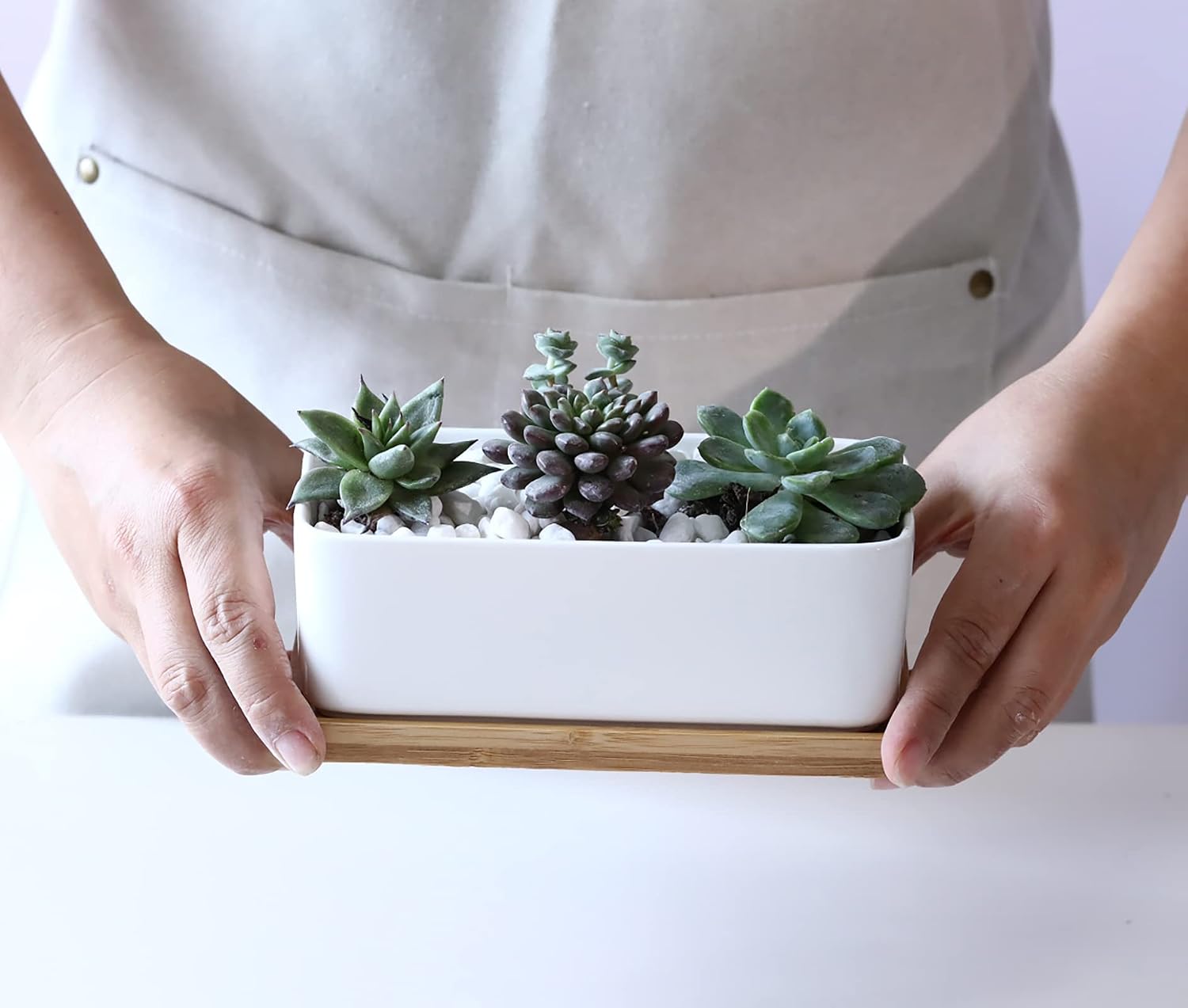 LANKER 6.5 Inch Rectangle White Ceramic Succulent Planter Pot with Bamboo Tray