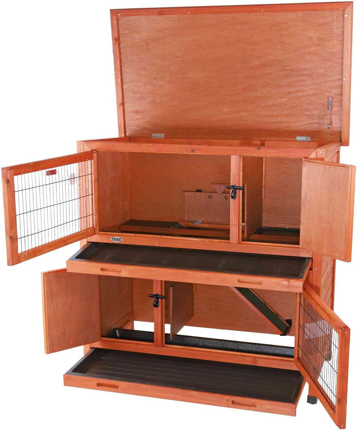 Trixie 2-Story Rabbit Hutch with Retreat Area, Non-Slip Ramp, Hinged Roof with Locking Arm, 4 Doors, 2 Metal Slide Latches, and Pull-Out Trays for Easy Cleaning