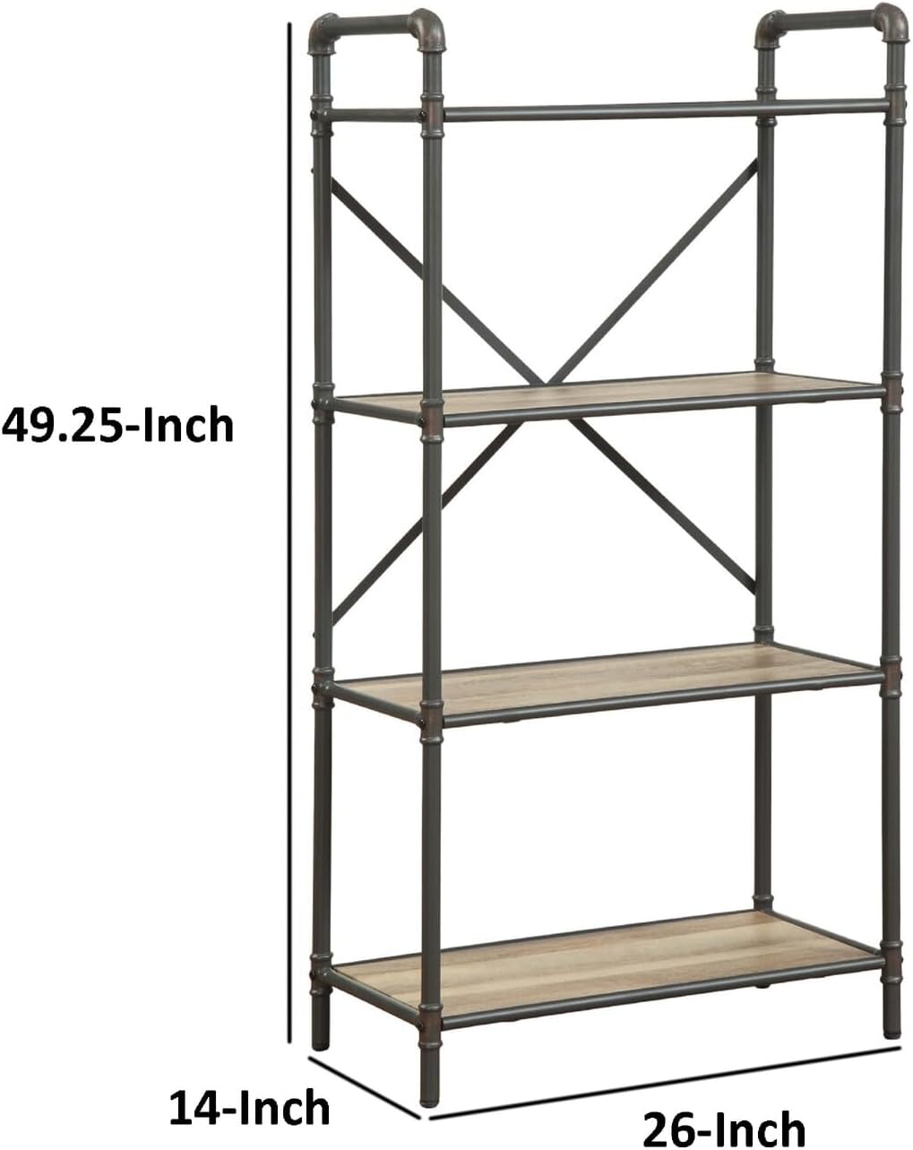 Benjara Benzara Four-Tier Metal Bookshelf with Wooden Shelves, Brown and Grey,