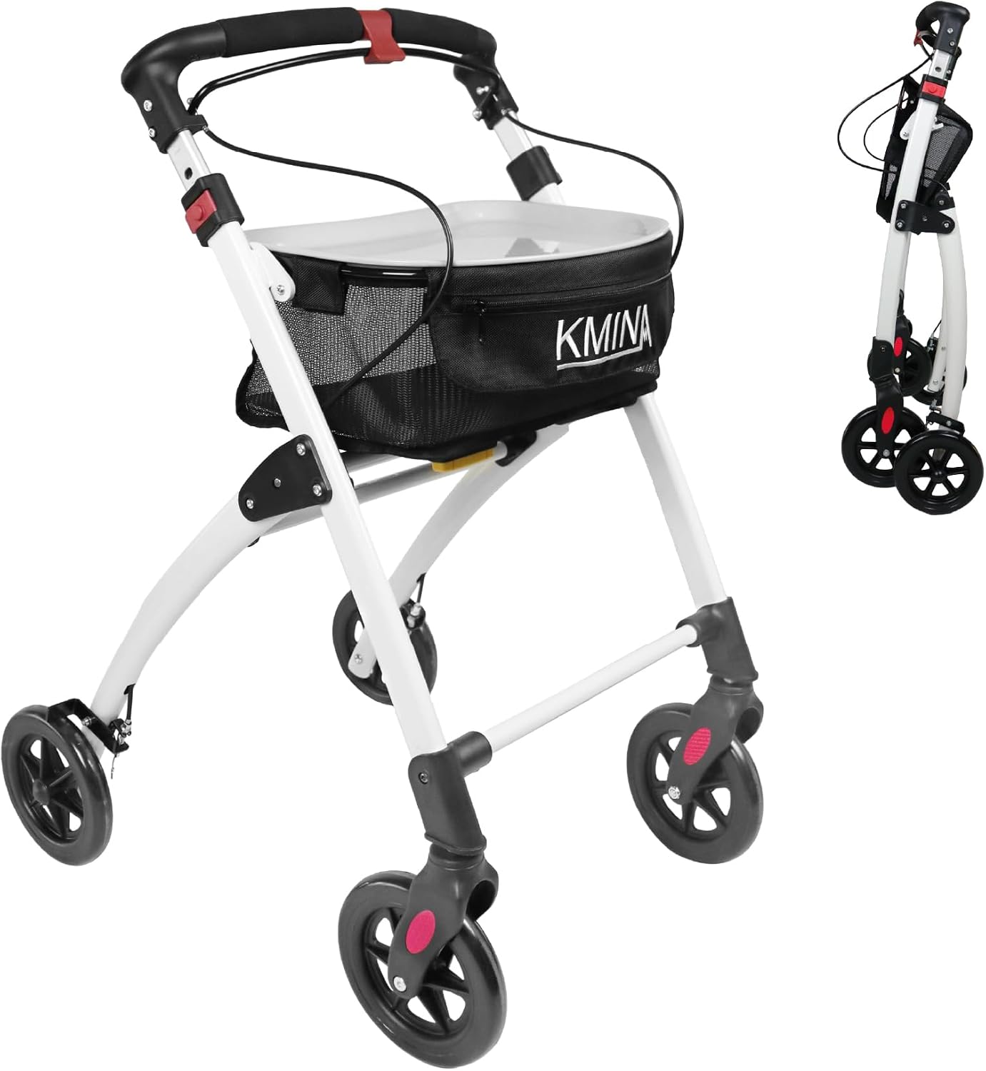 KMINA Narrow Walker for Small Spaces, Foldable Walker with Tray and Basket, 4 Wheels and Brakes, Lightweight Indoor Rollator for Seniors, Black, PRO Model