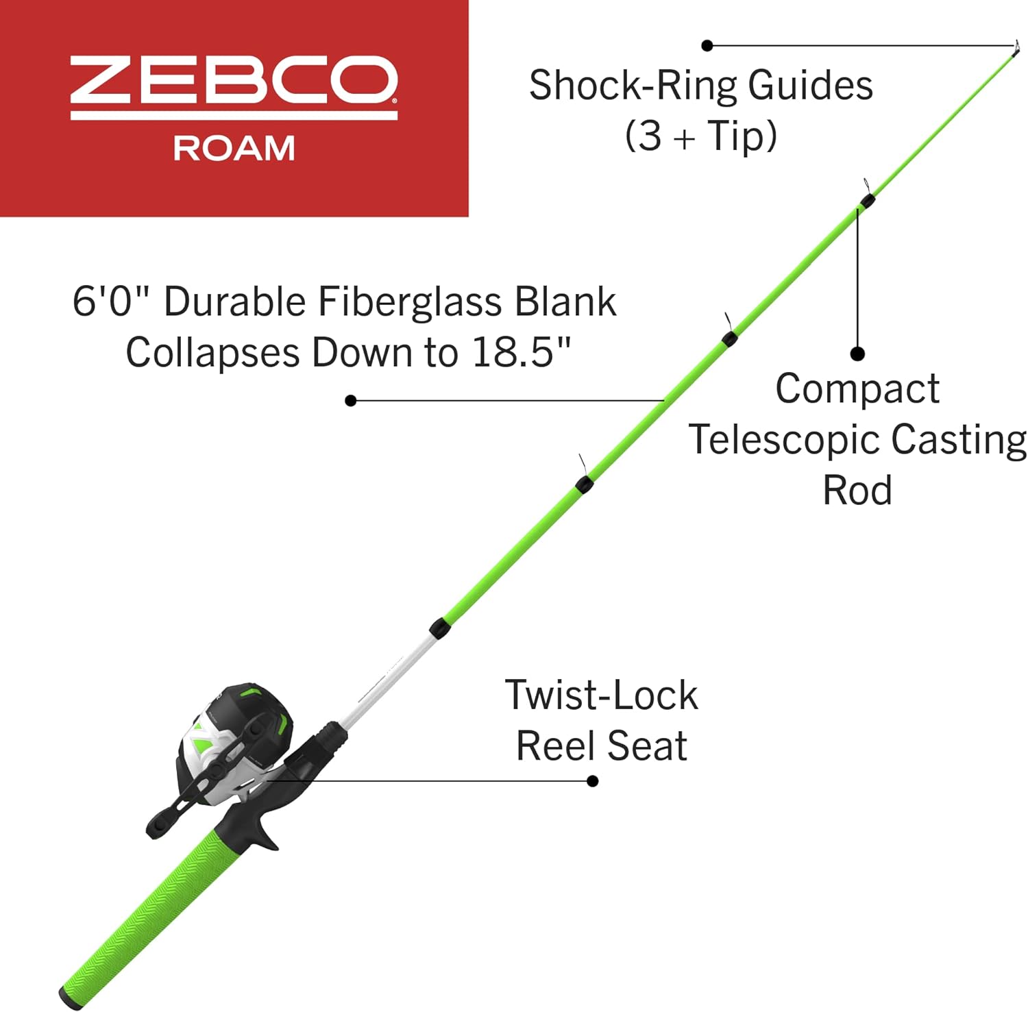 Zebco Roam Telescopic Fishing Rod and Spinning or Spincast Fishing Reel Combo, Durable 6-Foot Fiberglass Rod with ComfortGrip Handle