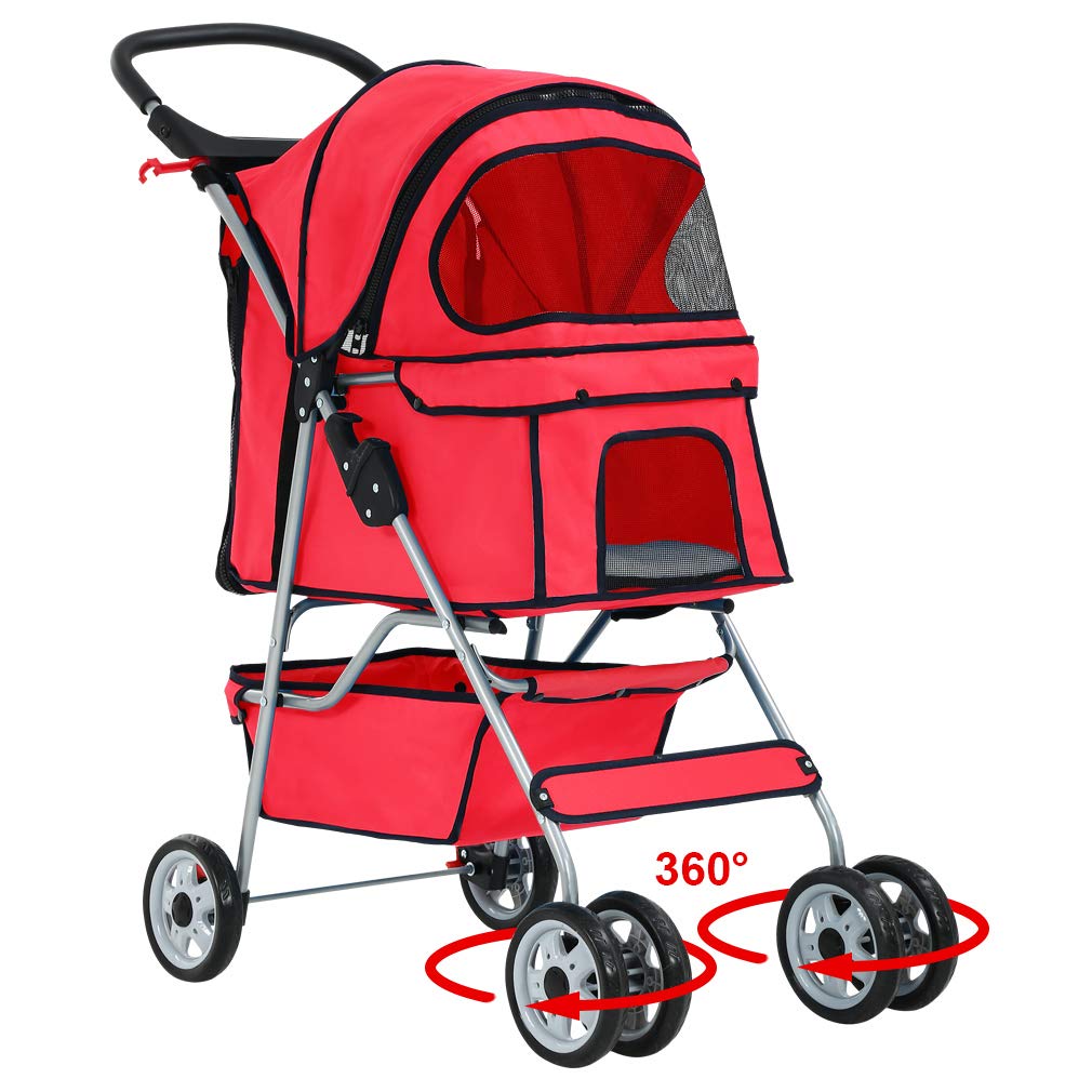BestPet | 4-Wheel Foldable Pet Stroller | Black | Lightweight & Portable | Travel Carrier with Mesh Windows, Storage Basket, Cup Holder, Safety Brakes, and Waterproof Fabric | For Small Dogs and Cats
