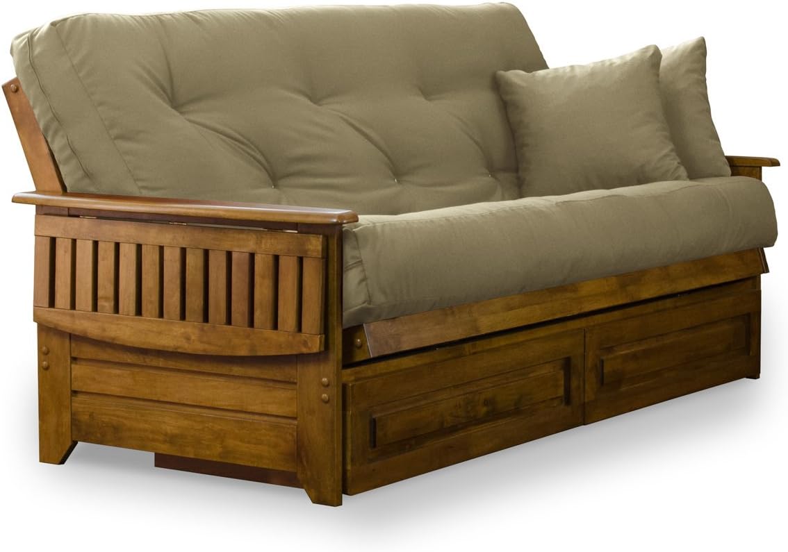 Brentwood Tray Arm Futon Frame, Drawers, and Khaki Mattress Set - Queen, Rich Heritage Finish