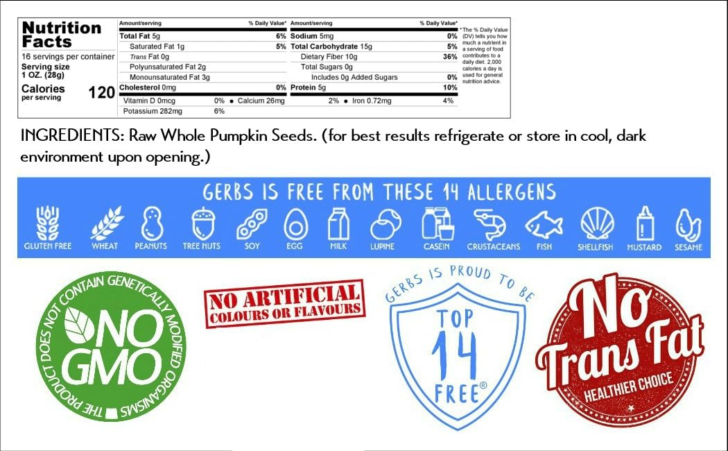 Gerbs Raw Whole Pumpkin Seeds 2 lbs. | In-Shell, 10.5 mm Size, Resealable Bag | Mildly Nutty & Crunchy | Top 14 Allergen-Free
