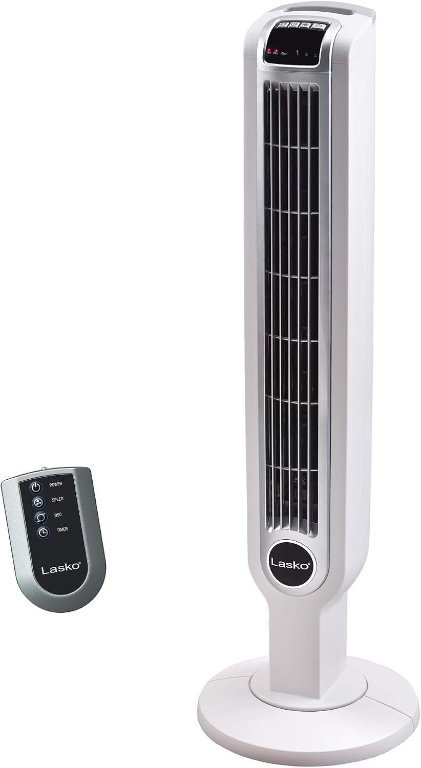 Lasko Oscillating Tower Fan with Remote Control - 36" - 2510 - White | Timer, Quiet Standing Fan for Bedroom, Office, and Home, 3 Speeds, Powerful Cooling Air