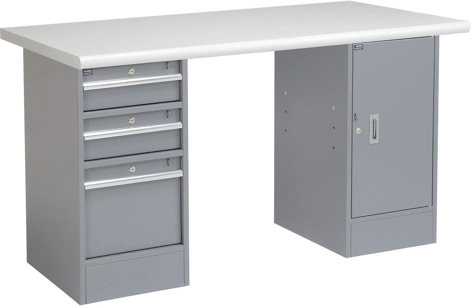 Global Industrial Pedestal Workbench, 3 Drawers & 1 Cabinet, Gray Pedestal