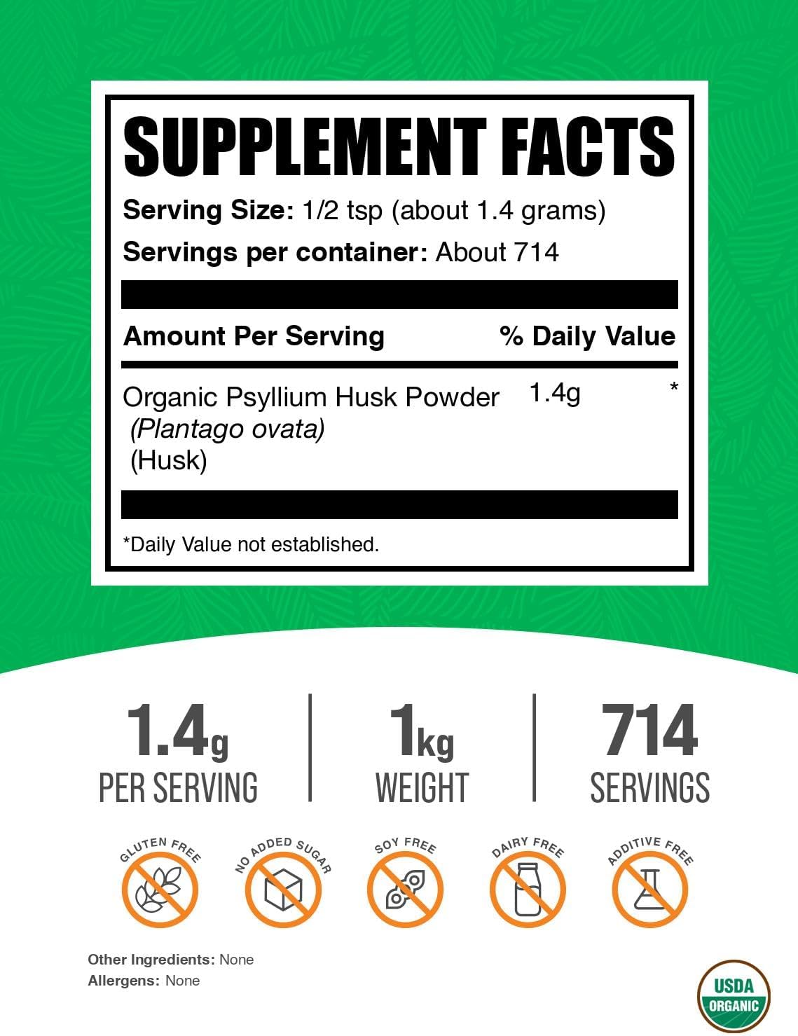 BulkSupplements.com Organic Psyllium Husk Powder - Psyllium Husk Powder for Baking, Fiber Supplement - Gluten Free, 1.4g per Serving, 1kg (2.2 lbs) (Pack of 1)