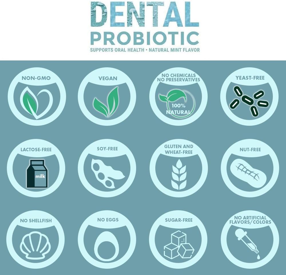 Dental Oral Probiotic, 60 Chewable Tablets - Supplements w/BLIS K12 & M18 - Bad Breath Treatment for Adults - Boosts Oral Health - Fights Halitosis, Tooth Decay, Strep Throat (Mint Flavor)