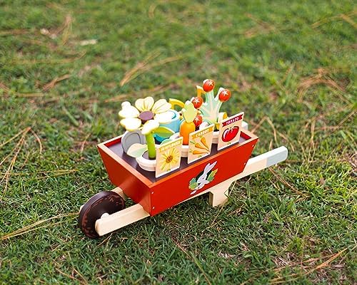 Tender Leaf Toys Garden Wheelbarrow Set – Deluxe Wooden Gardening Toy with Tools & Accessories – Supports Learning