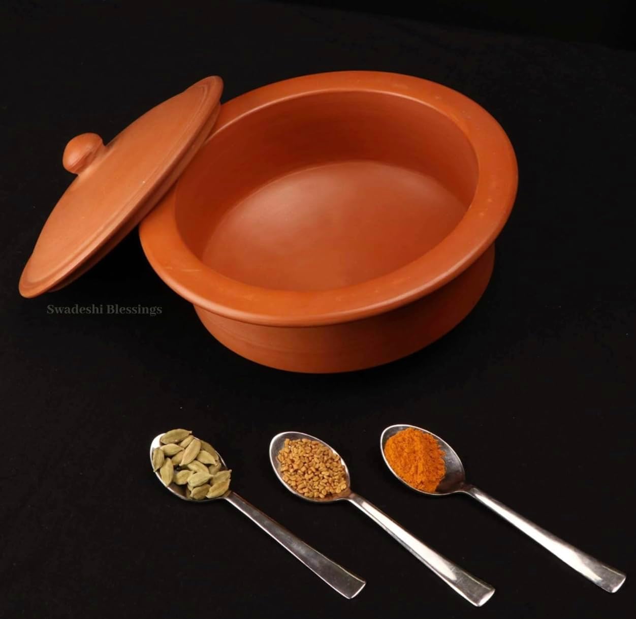 Swadeshi Blessings HandMade Unglazed Clay Pot for Cooking with Lid,2.5L,Red