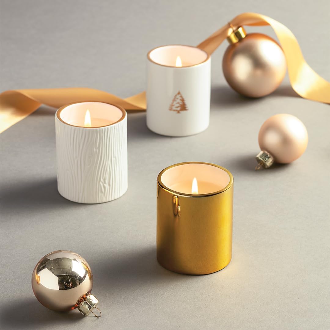 Thymes Frasier Fir Votive Candles - Gilded Collection - Crisp Just-Cut Forest Fragrance - Set of Three Holiday Candles - Wood Grain, Gold