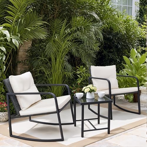 Greesum 3 Pieces Rocking Wicker Bistro Set,Patio Conversation Sets,Beige
