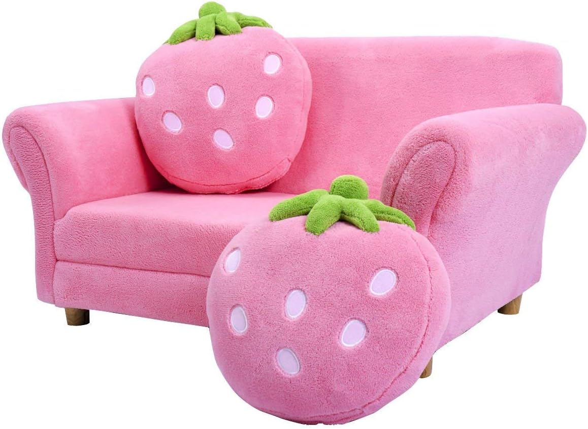 Costzon Kids Couch, Double Seat Pink Children's Sofa with 2 Strawberry Pillows, Toddler Armrest Chair for Bedroom, Living Room