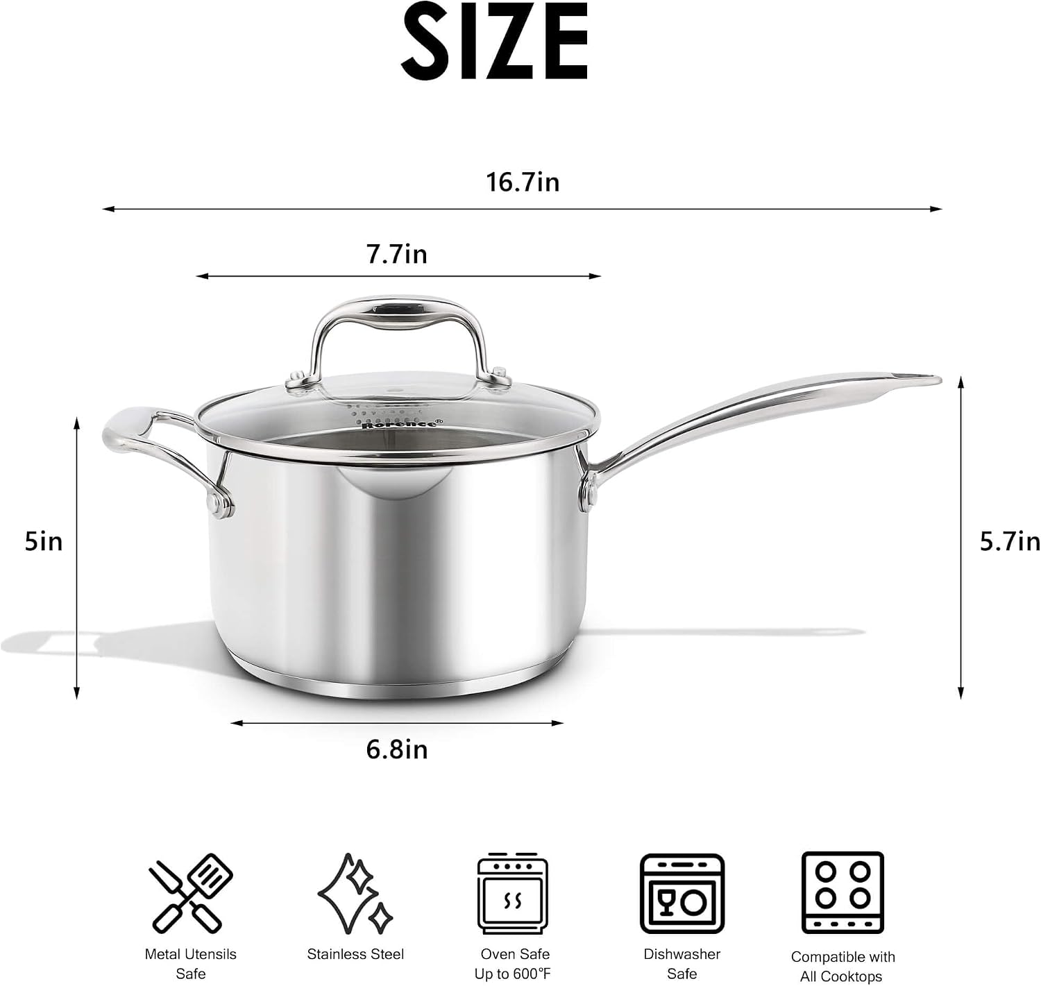 Rorence 3.7 Quart Stainless Steel Induction Sauce Pan with Lid | Stainless Steel Pot Saucepan with Pour Spout & Glass Lid with Strainer