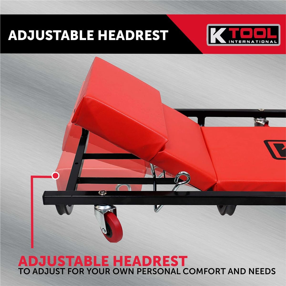 K Tool International 74961 Creeper Seat, Adjustable Headrest with Fully Padded Support, Oil Resistant Rubber Casters