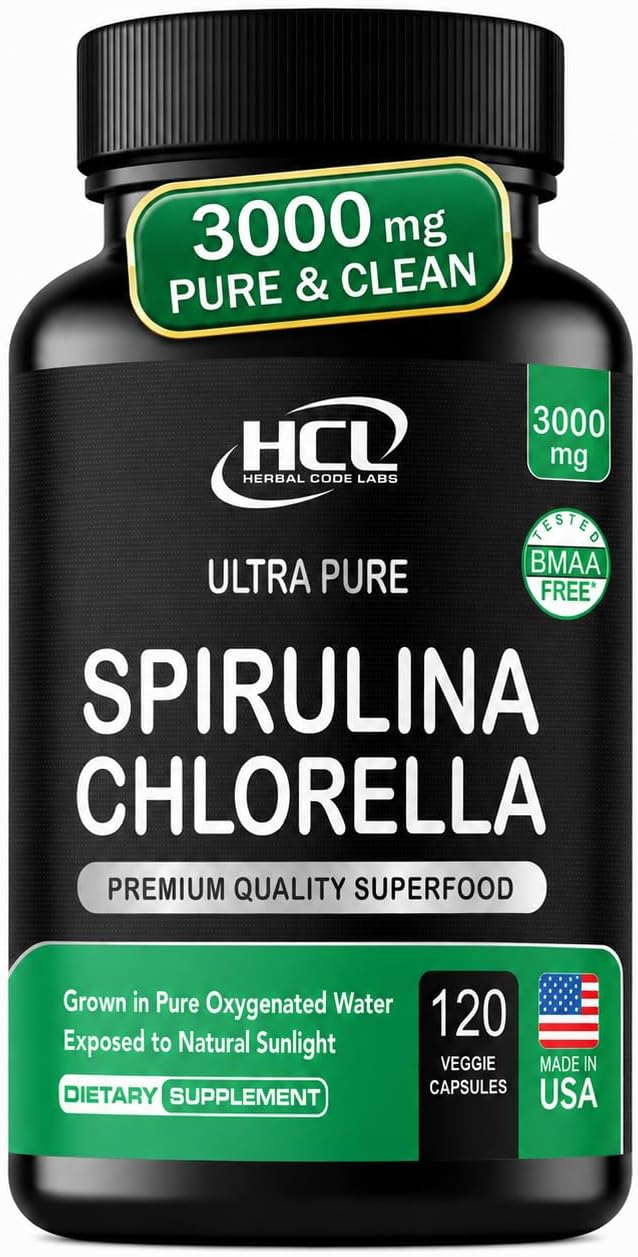 Chlorella Spirulina Powder Capsules 3000 mg of BMAA Free Purest Blue Green Algae - Best Natural Detox Raw Vegan Vitamins Protein Green Superfood