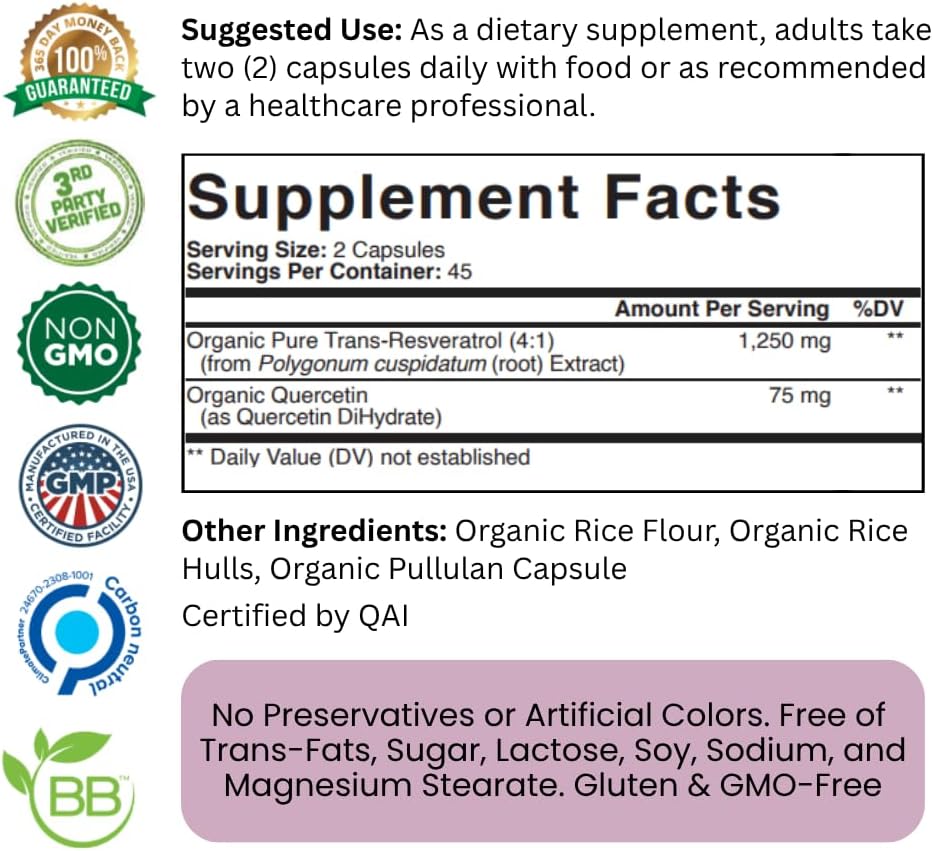 Purity Labs Trans-Resveratrol Supplement 5, 000 mg Equivalent per Serving with Quercetin, USDA Organic High Potency Antioxidant, Vegan Capsules