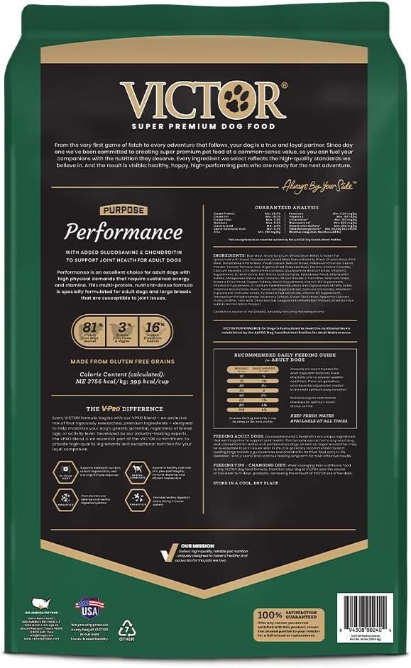 VICTOR Performance Dry Dog Food - Beef, Chicken & Pork Meal, 40 lb | Super Premium Dog Food, 26% Protein, For Active Adult Dogs, Includes Glucosamine and Chondroitin for Hip & Joint Health