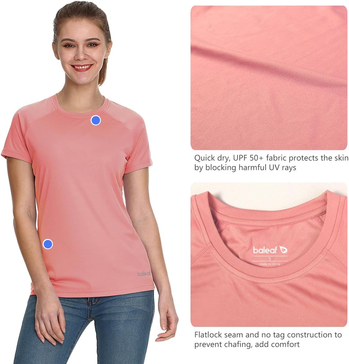 baleaf Women's UPF 50+ UV Protection Shirts Short Sleeve T-Shirts SPF Sun Shirts Quick Dry Outdoor Performance Tops Pink Size M