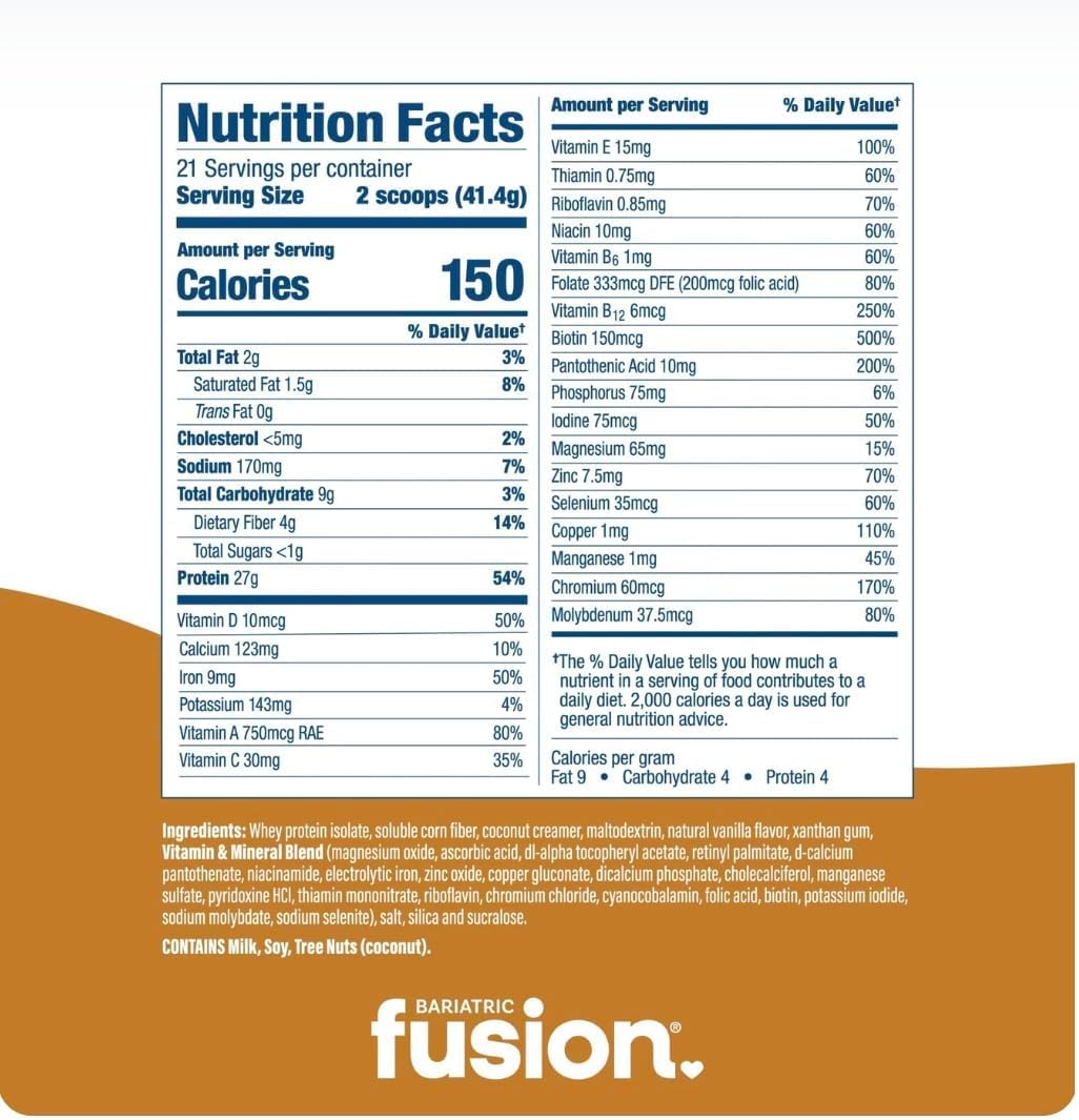 Bariatric Fusion Cappucino Meal Replacement 27g Protein Powder, 21 Serving Tub for Bariatric Surgery Patients Including Gastric Bypass and Sleeve Gastrectomy - No Gluten, Aspartame or Sugar