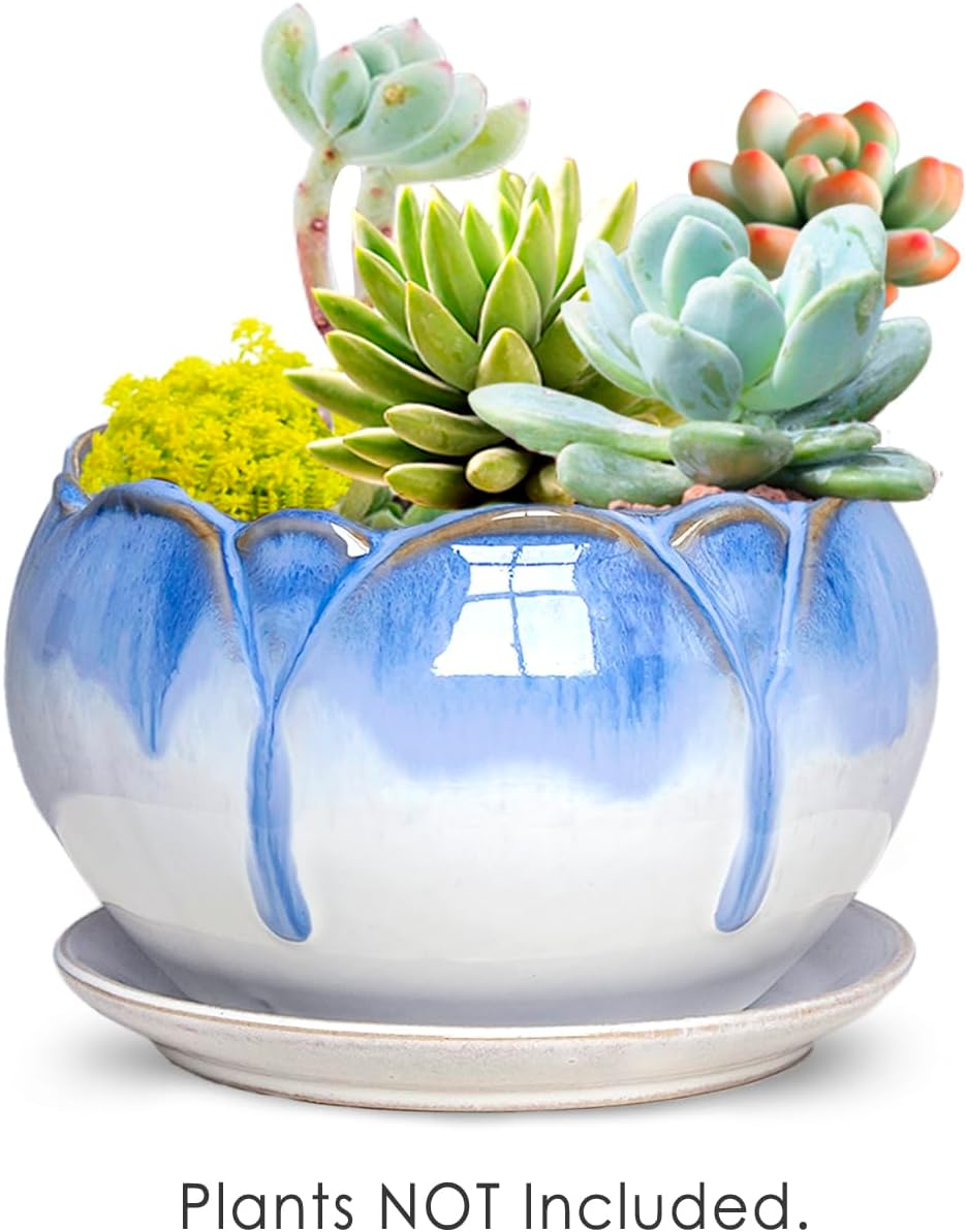 Dahlia 8.3'' Inch Large Shallow Drip Glazed Ceramic Planter/Succulent Pot/Plant Pot, Green