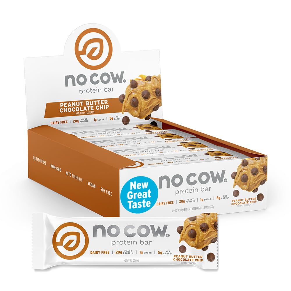 No Cow Peanut Butter Chocolate Chip Vegan Protein Bars, 12 Pack | 20g High Plant-Based Protein, High Fiber, Low Sugar, Gluten-Free, Dairy-Free, Soy-Free, Keto-Friendly Snack Bars
