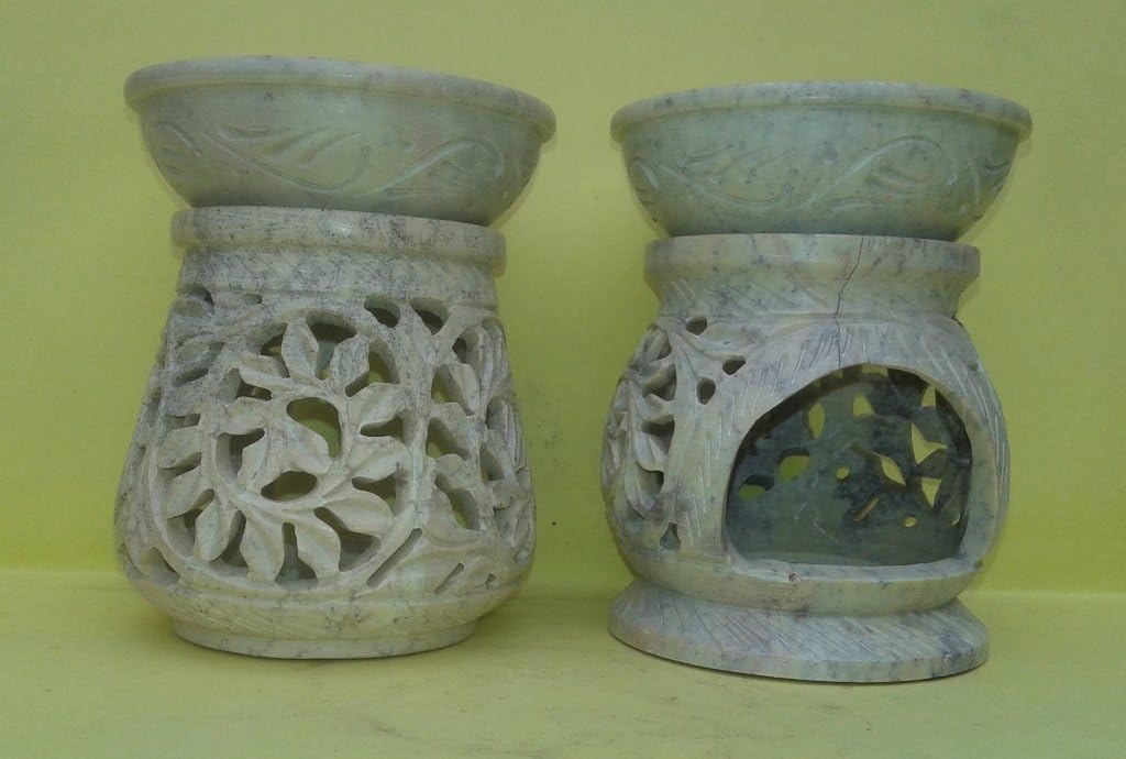 Soapstone Oil Diffuser Warmer Burner Aromatherapy Gift 4" Inch Hand Carved Oil Diffuser Burner Tea light Holder leaves Design Handcrafted