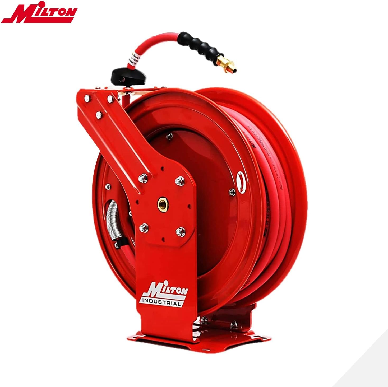 MILTON Strength Air Hose Reel w/Auto- Retractable Steel Dual Arm, 3/8" MNPT x 50 ft. Hybrid Rubber Hose - 300 Max PSI, Red - 2770-50D