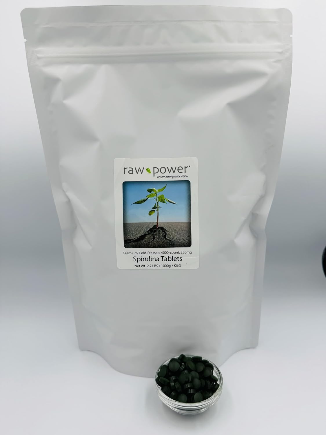 Raw Power Spirulina Cold-Pressed Tablets Bulk Kilo Bag 4000 Count 250mg Tablets 1000g Total Organics