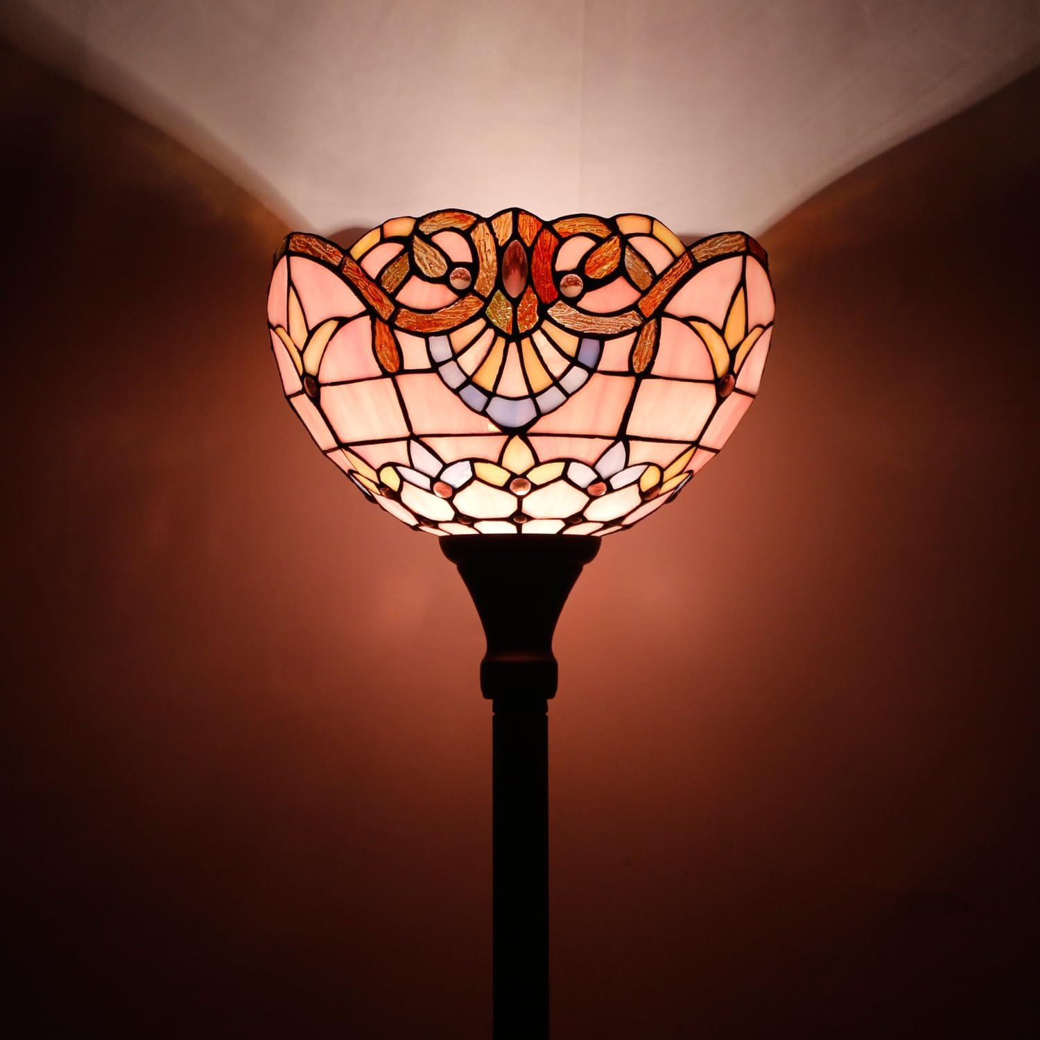 WERFACTORY Tiffany Floor Lamp Pink Baroque Stained Glass Torchiere Light | 12X12X71 Inches Pole Standing Corner Torch Uplight Decor Bedroom Living