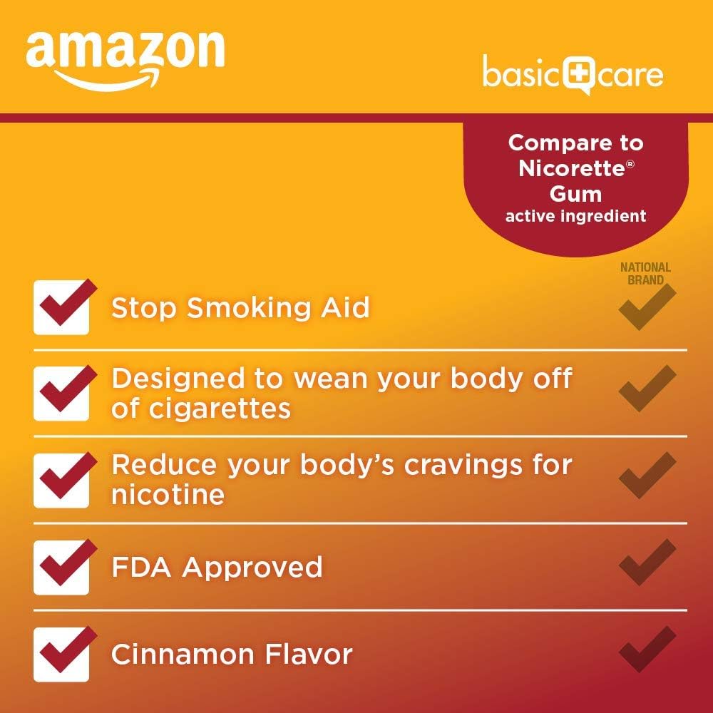 Amazon Basic Care Nicotine Polacrilex Coated Gum 4 mg (nicotine), Cinnamon Flavor, Stop Smoking Aid, Quit Smoking, Reduces Nicotine Cravings, 160 Count