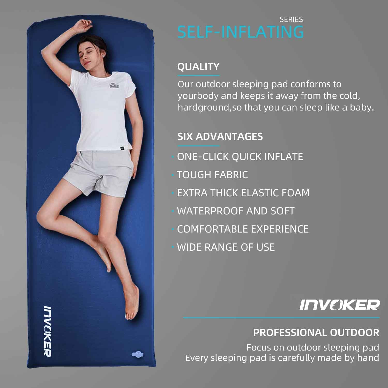 INVOKER Camping Sleeping Pad, Self-Inflating, 75 x 24 x 3.15 in, Green