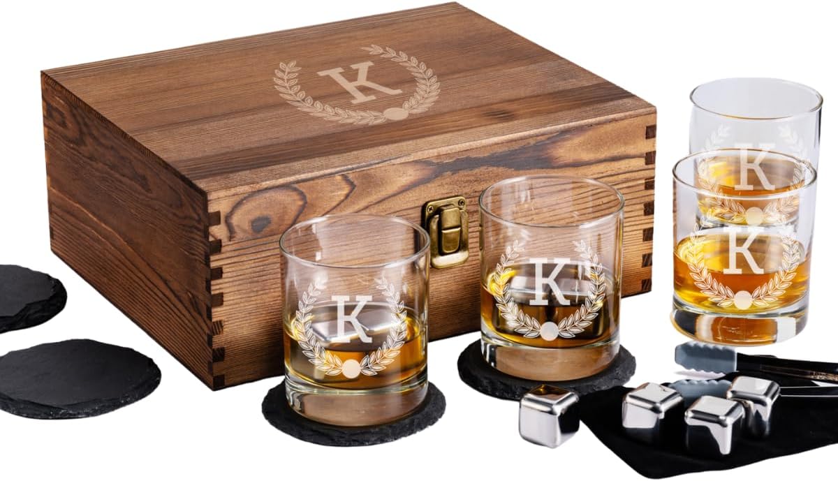 Customized Whiskey Gifts for Men - Personalized Scotch Glass Gift Set with Box - Engraved Wisky Rocks Glasses for Boyfriend, Husband