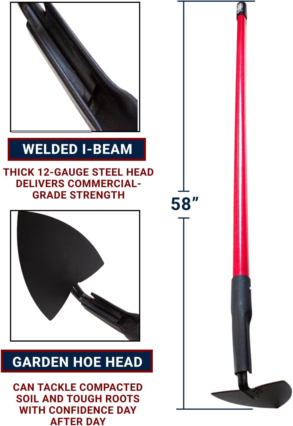 BULLY TOOLS Warren Hoe Professional 12-Gauge 6.25-Inch Garden Hoe Tool with Fiberglass Handle, Commercial Strength, Gardening Tools