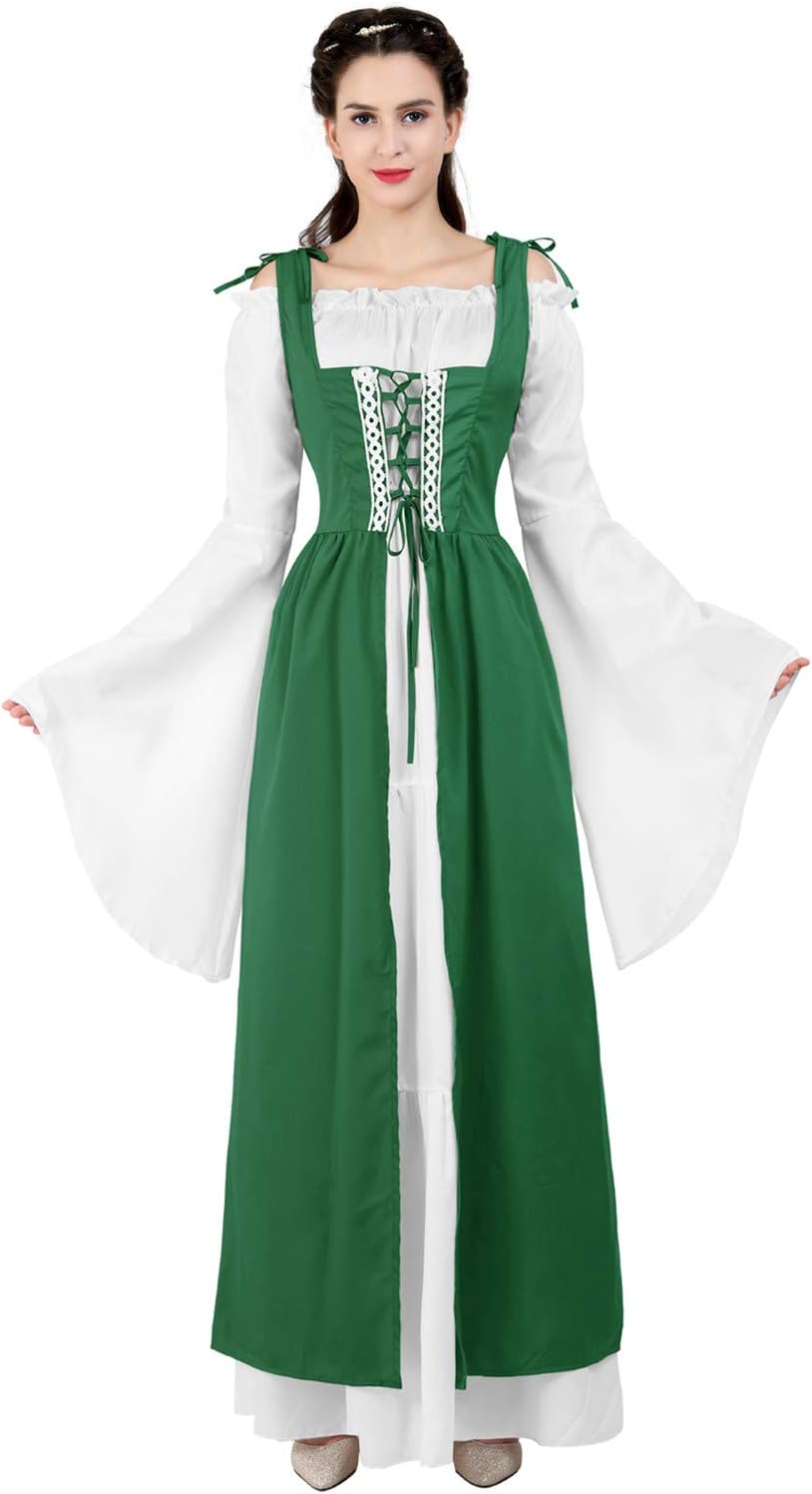 Kranchungel Renaissance Costume Women Dress: Flowy Long Sleeve Medieval Dress for Renaissance Faires & Medieval Festival
