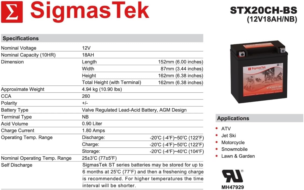 Yuasa YTX20CH-BS Compatible SLA Motorcycle Battery by SigmasTek, STX20CH-BS 260CCA